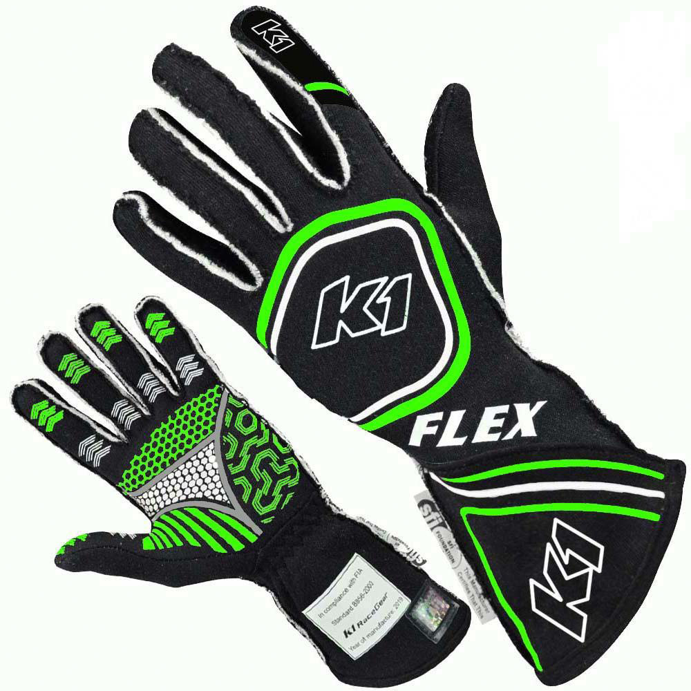 [K1R23-FLX-NFV-M] K1 Racegear - Glove Flex Medium Black / Flo Green SFI / FIA